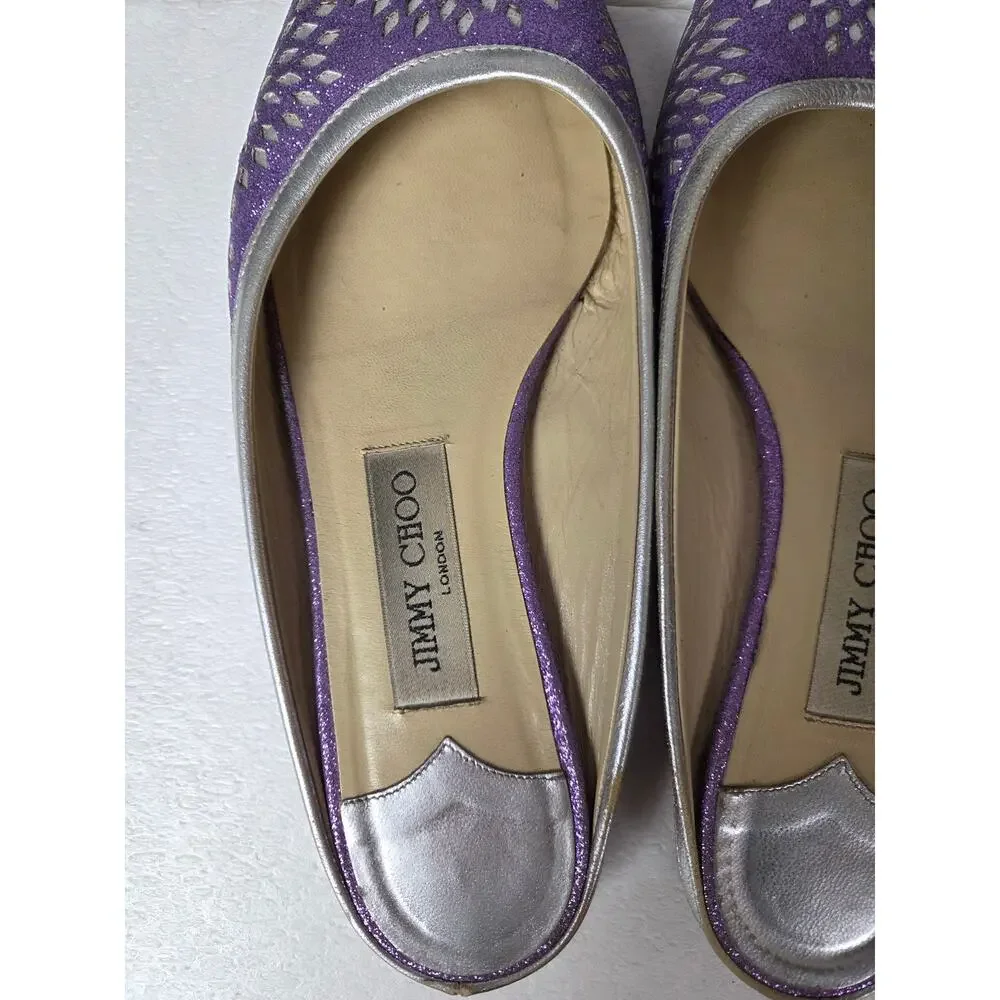 Jimmy Choo Slip On Backless Flats Silver Sparkle Designer 37 1/2 Floral Metalic - Picture 3 of 13